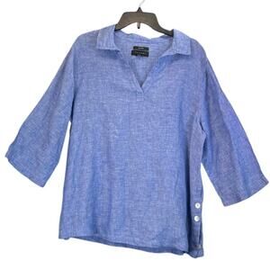 Tahari Womens 1X Blue/White V Neck 100%Linen Accent Buttons 3/4 Sleeves Hobo